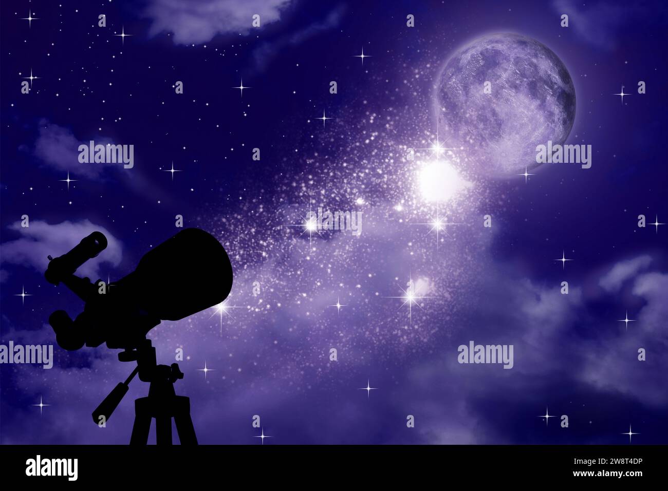 Astronomia. Ammira il bellissimo cielo stellato con la luna piena attraverso il telescopio di notte Foto Stock