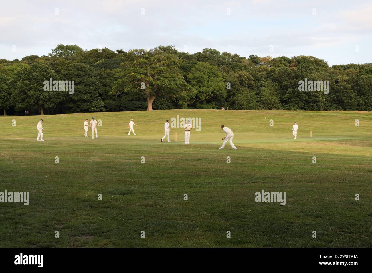 Uomini che giocano a una partita di cricket nel parco locale, Graves Park Sheffield, Inghilterra, Regno Unito Foto Stock