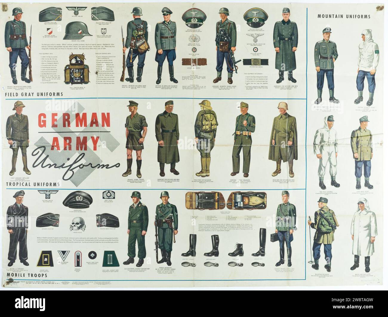 WW2 Esercito tedesco Wehrmacht Uniforms Field Grey Mountain Tropical Mobile Tropical Troops etc US War Dept Military Identification poster gennaio 1944 Foto Stock