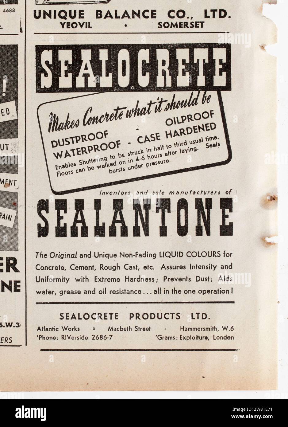 Pubblicità da una copia di 1940s The Builder Magazine - Sealocrete - Sealantone Products Foto Stock