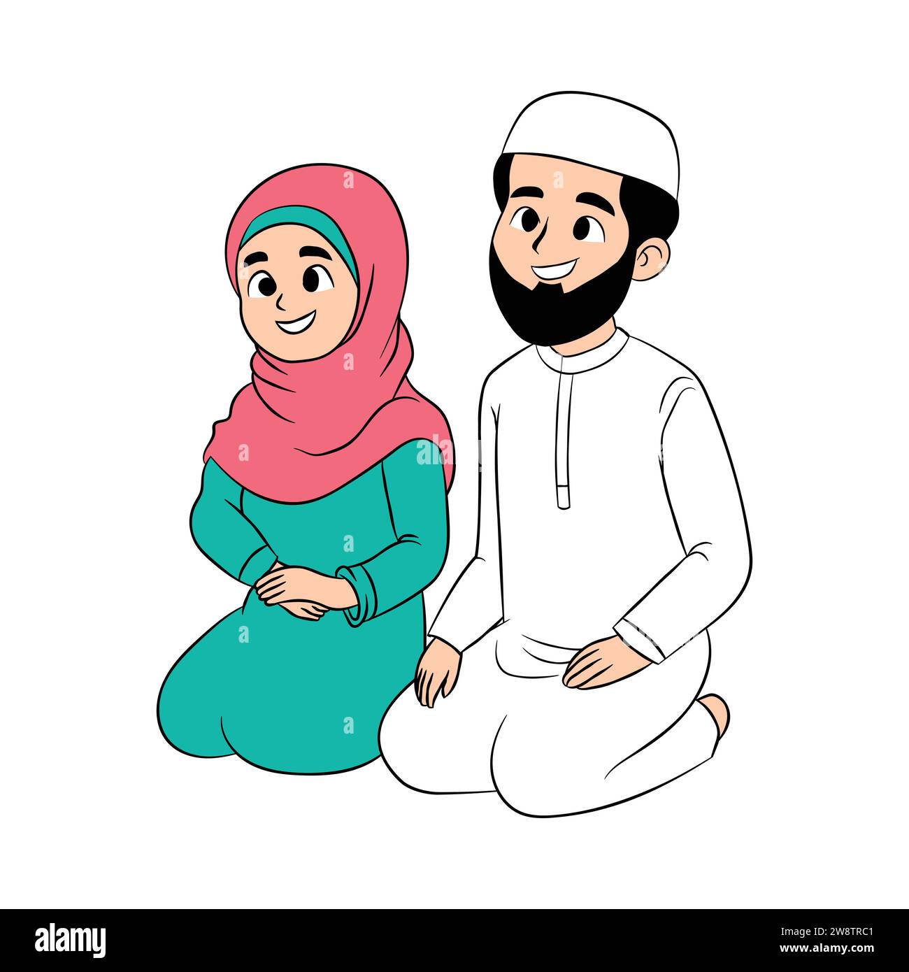 Una felice coppia musulmana, uomo e donna isolati su sfondo bianco. Scena di cartoni animati di bello e sorridente, design per il concetto Ramadan, vettoriale piatto illu Illustrazione Vettoriale