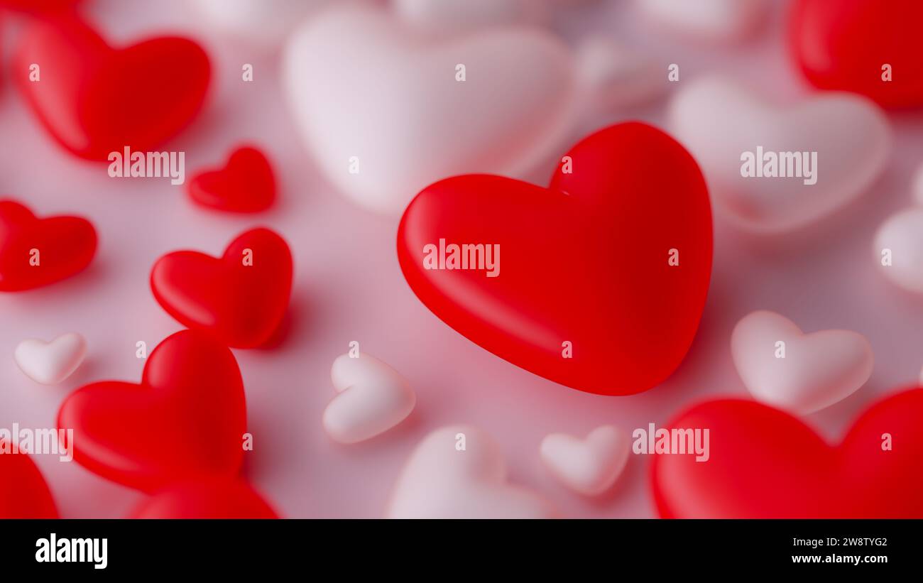 Sfondo con pattern di forma a cuore bianco e rosso, rendering 3d. Foto Stock