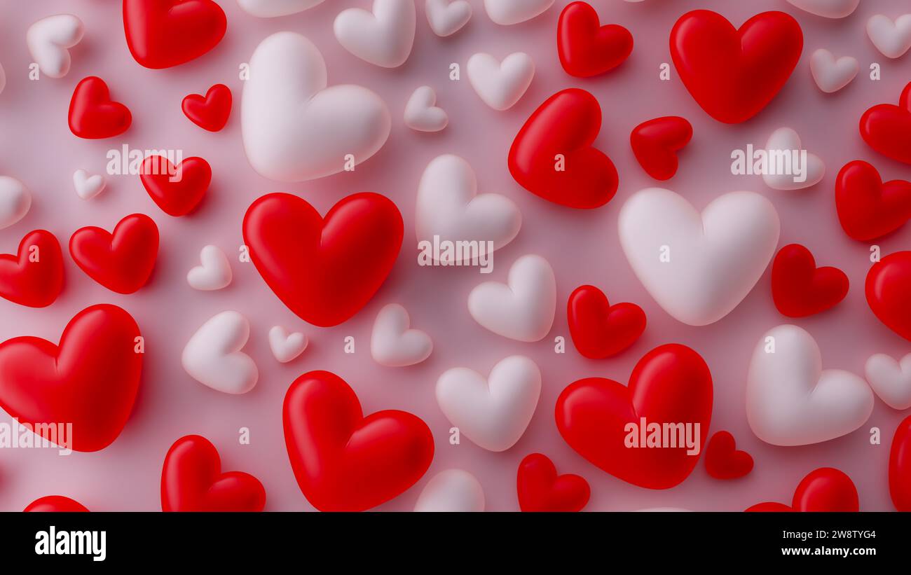 Sfondo con pattern di forma a cuore bianco e rosso, rendering 3d. Foto Stock