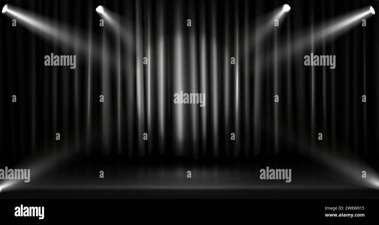 Teatro o palco del cinema con pavimento, lussuosa tenda chiusa nera e faretti. Realistica illustrazione vettoriale dello spettacolo d'opera o della cerimonia del film, drappeggi sulla scena con luce per la presentazione. Illustrazione Vettoriale
