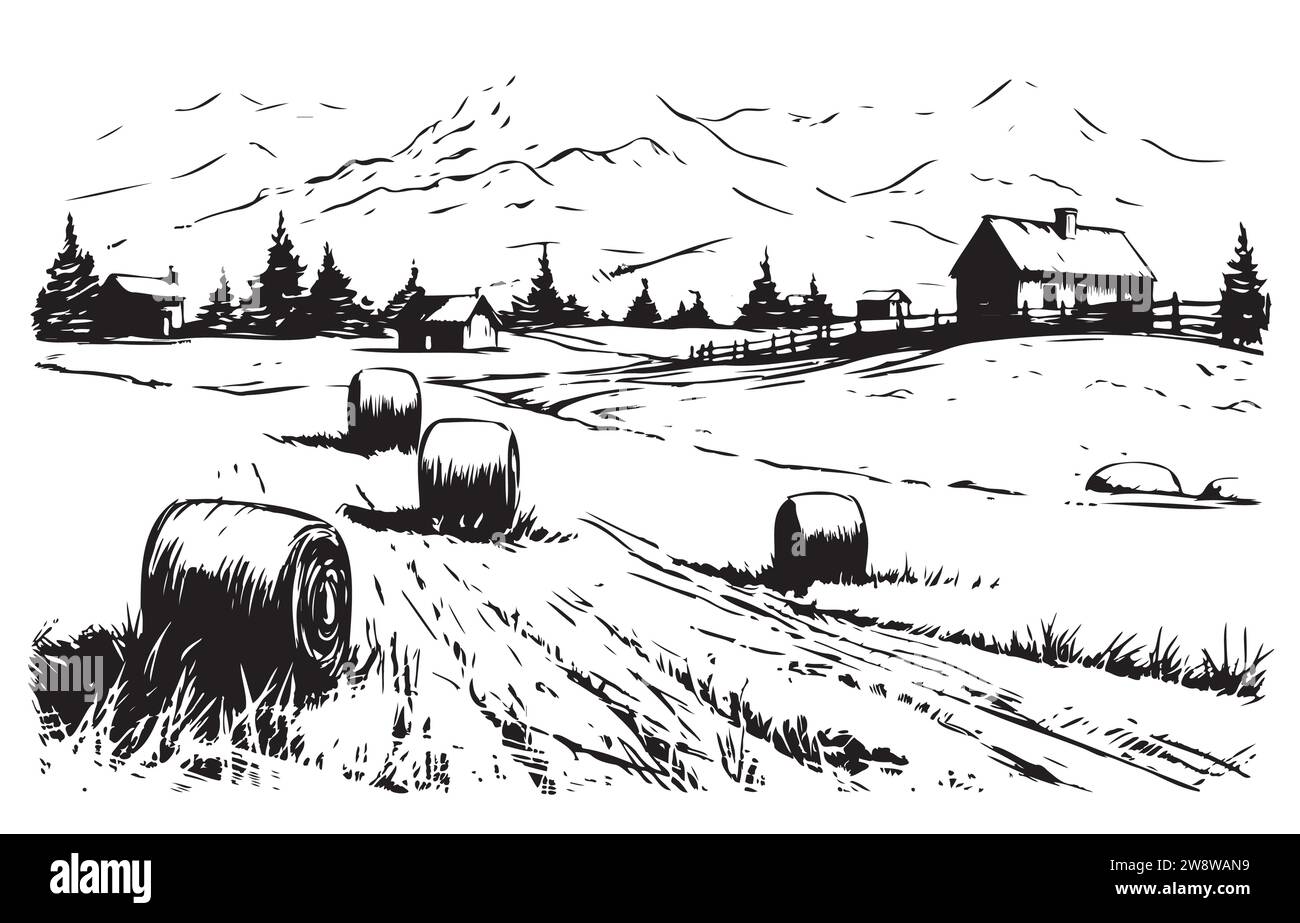 Campi di grano con fieno e mulino a vento. Illustrazione vettoriale disegnata a mano Illustrazione Vettoriale