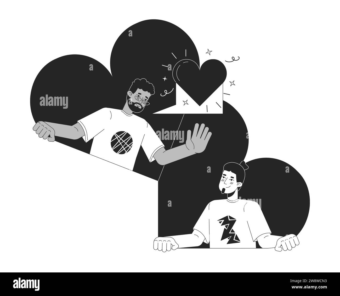 Boyfriends gay Dating app illustrazione 2D in bianco e nero Illustrazione Vettoriale