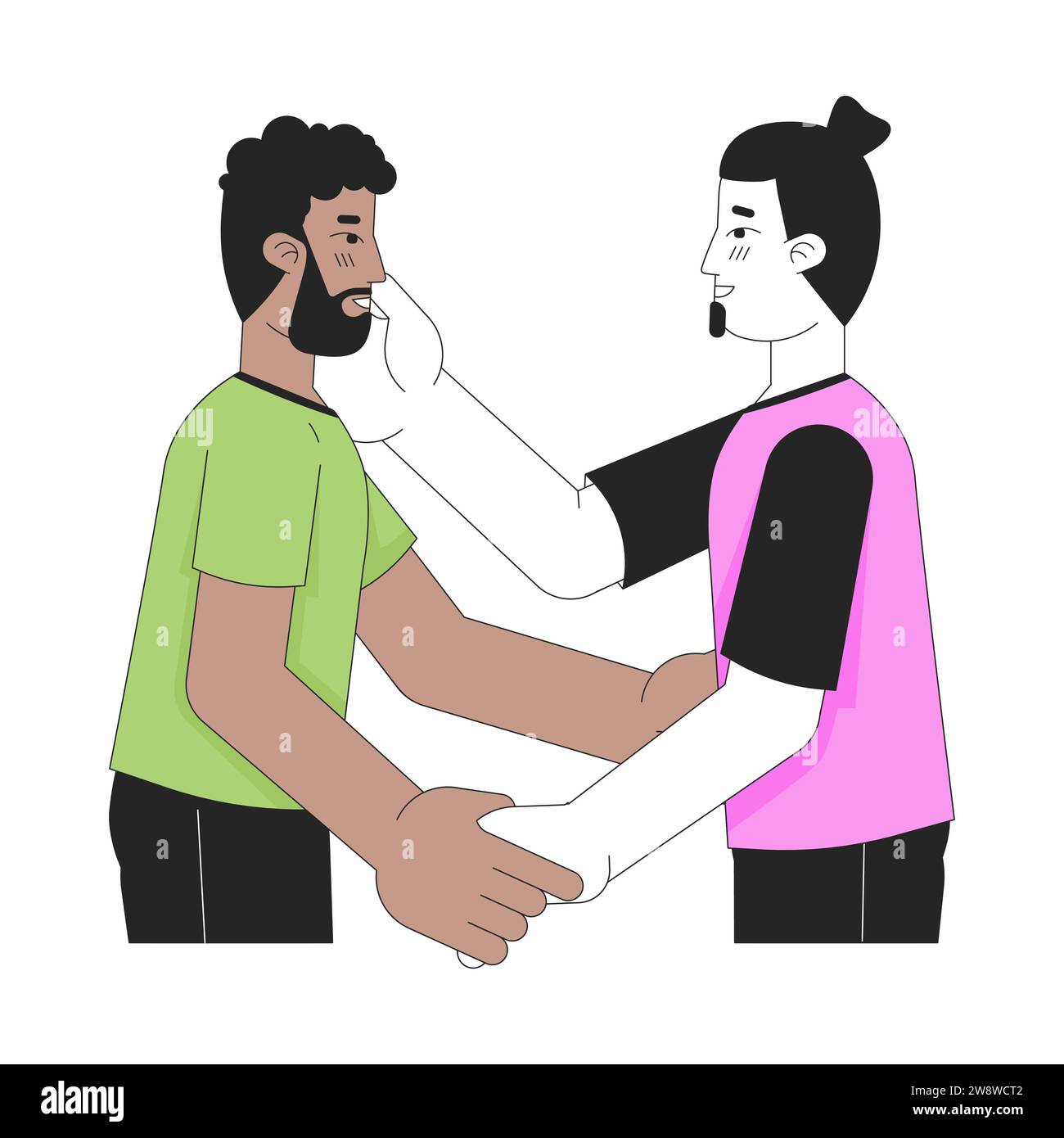 Gli amanti dei gay abbracciano i personaggi dei cartoni animati lineari 2D. Illustrazione Vettoriale