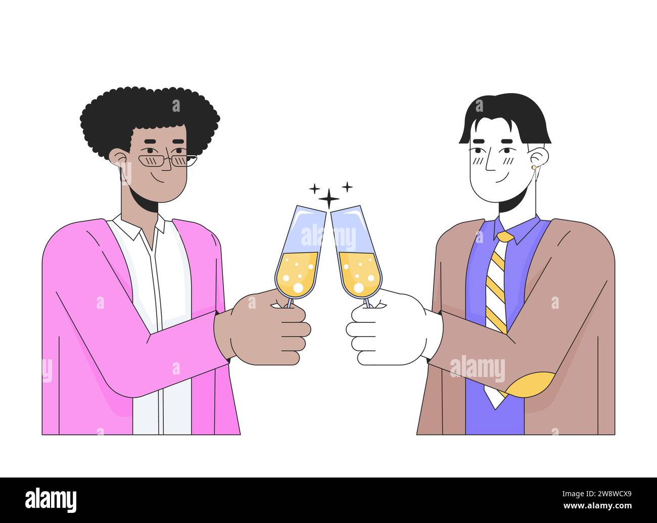 Gli uomini gay coppia occhiali clking 2D personaggi dei cartoni animati lineari Illustrazione Vettoriale