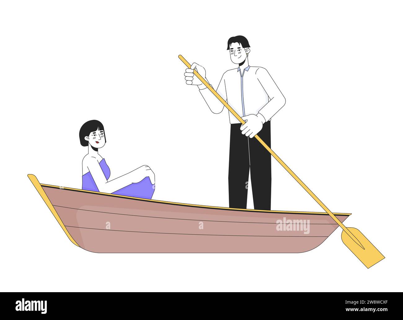 Coppia coreana di giovani adulti in barca con i personaggi dei cartoni animati lineari 2D. Illustrazione Vettoriale