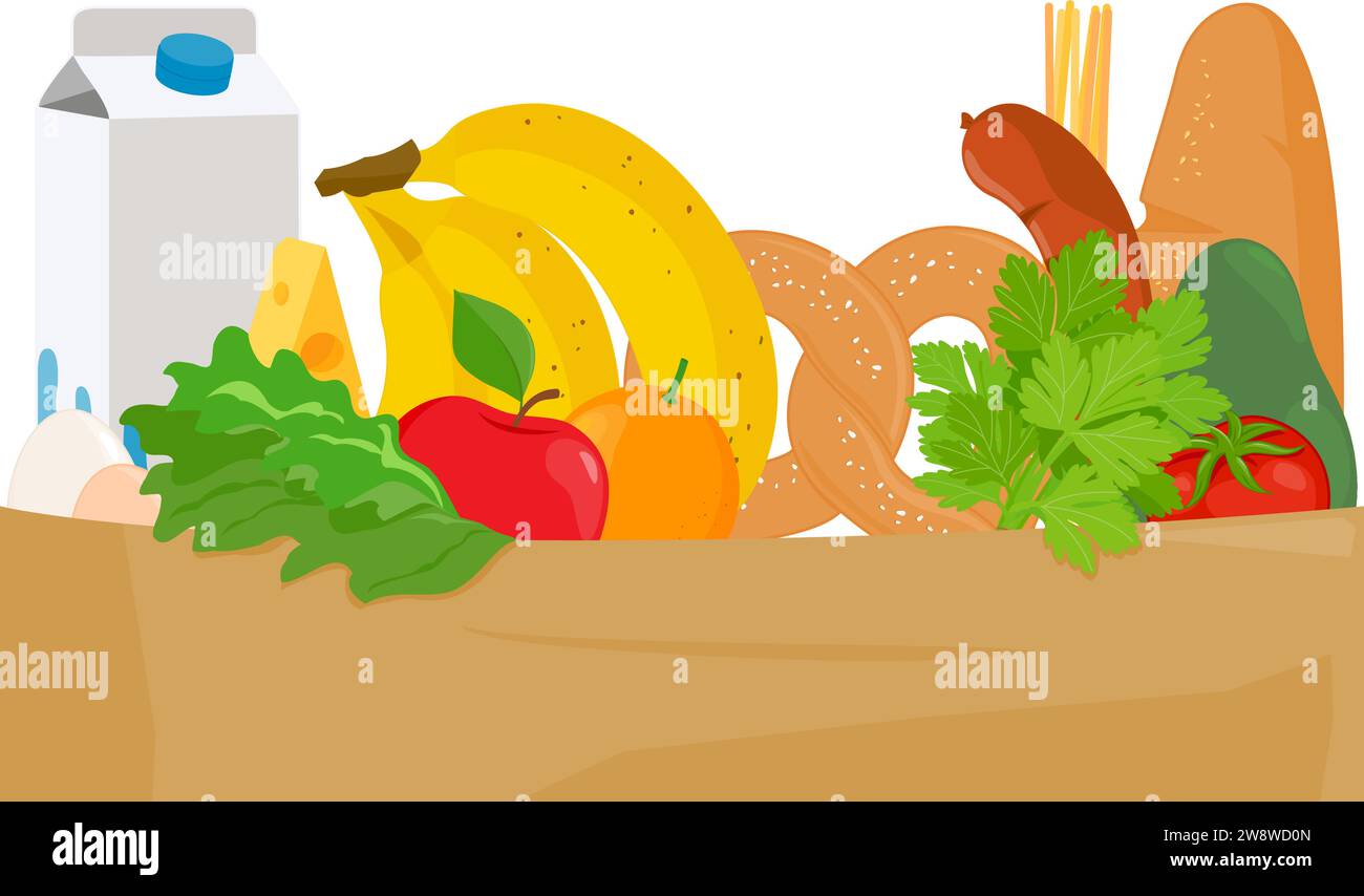 Sacchetto di carta con generi alimentari. Modello di banner con spazio di copia. Cibo in una borsa della spesa. Sfondo illustrazione vettoriale. Illustrazione Vettoriale