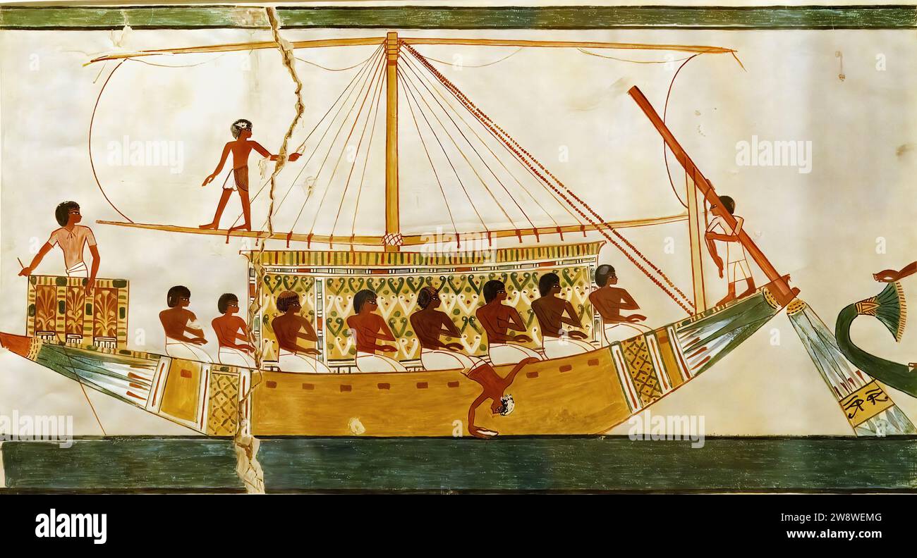 Dipinto facsimile di antica barca a vela egiziana, Metropolitan Museum of Art, New York, copia dell'originale. Foto Stock