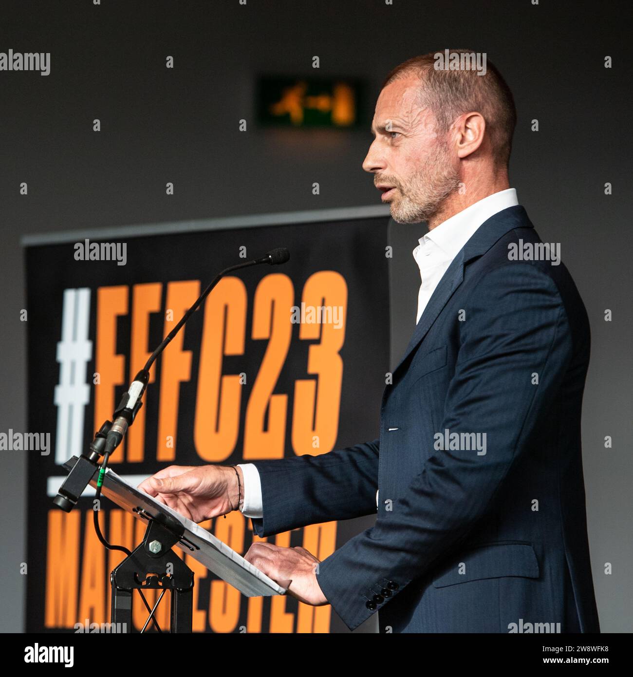 Presidente della UEFA, Aleksander Čeferin al National Football Museum di Manchester il 23 giugno 2023. Foto Stock