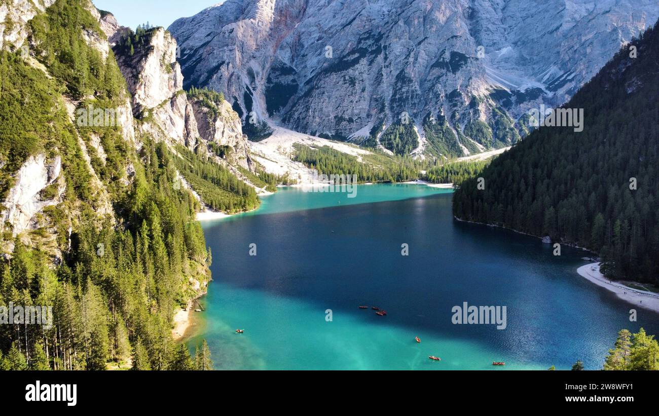 Foto drone Lago di Braies Dolomiti Italia europa Foto Stock
