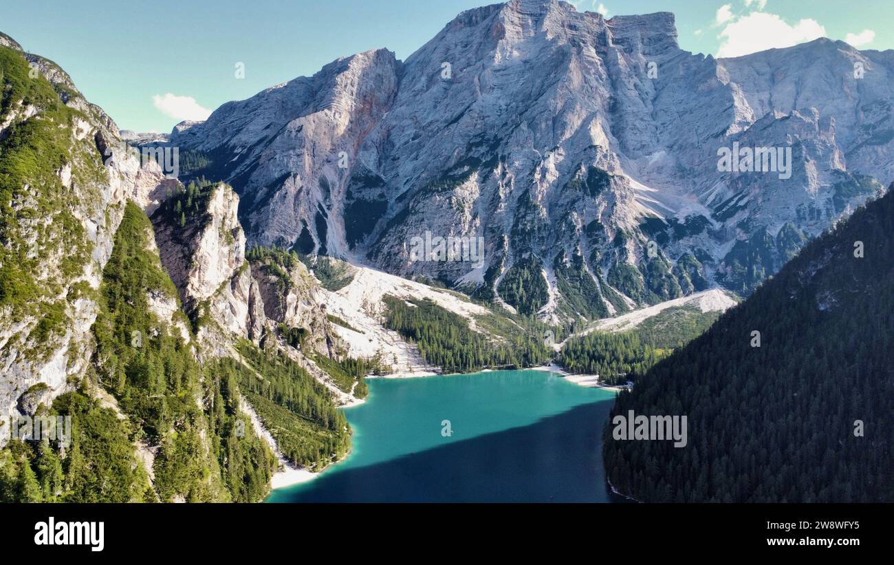 Foto drone Lago di Braies Dolomiti Italia europa Foto Stock
