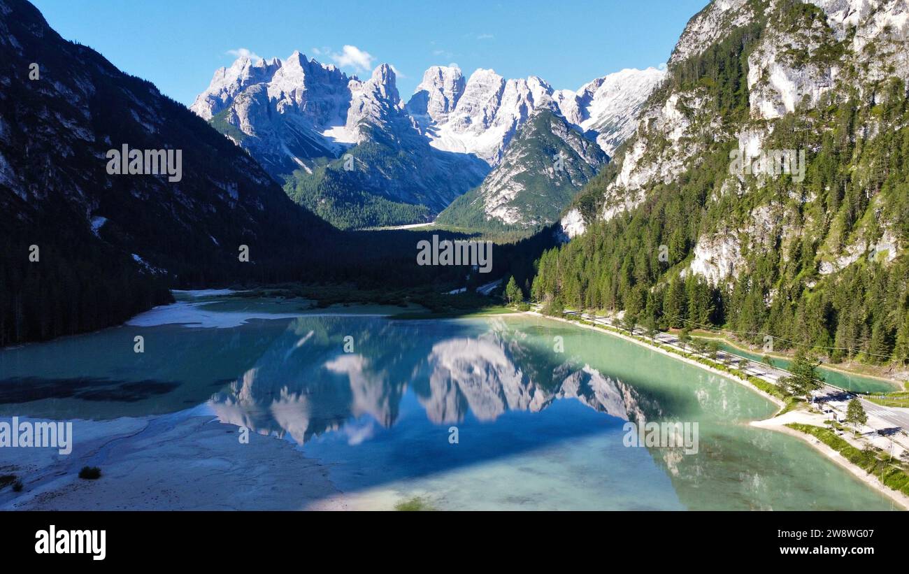 Foto drone Lago di landro Dolomiti Italia europa Foto Stock