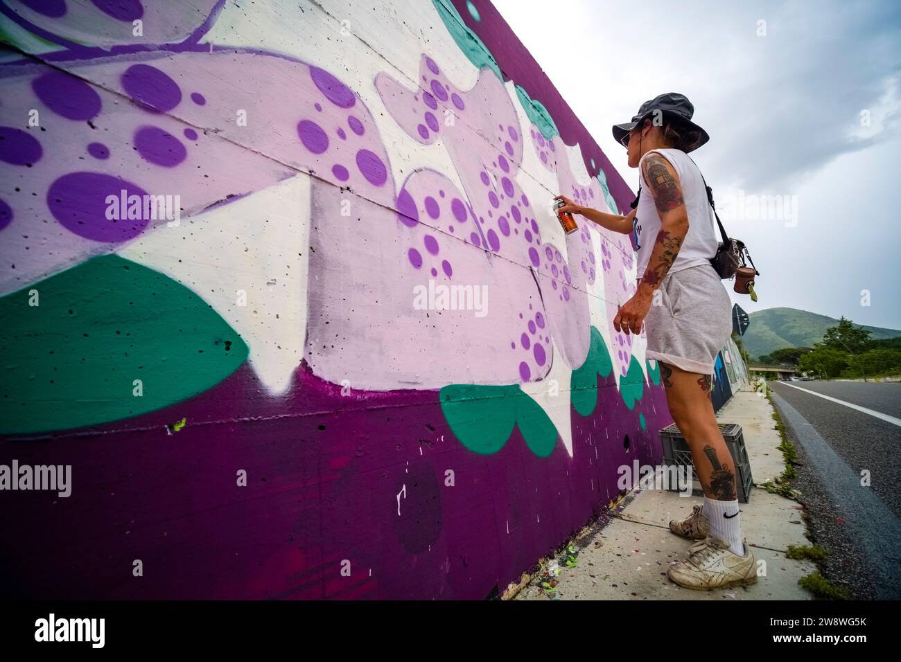 Una giovane donna tatuata con pantaloncini spruzza graffiti colorati su un muro lungo una strada asfaltata. Foto Stock