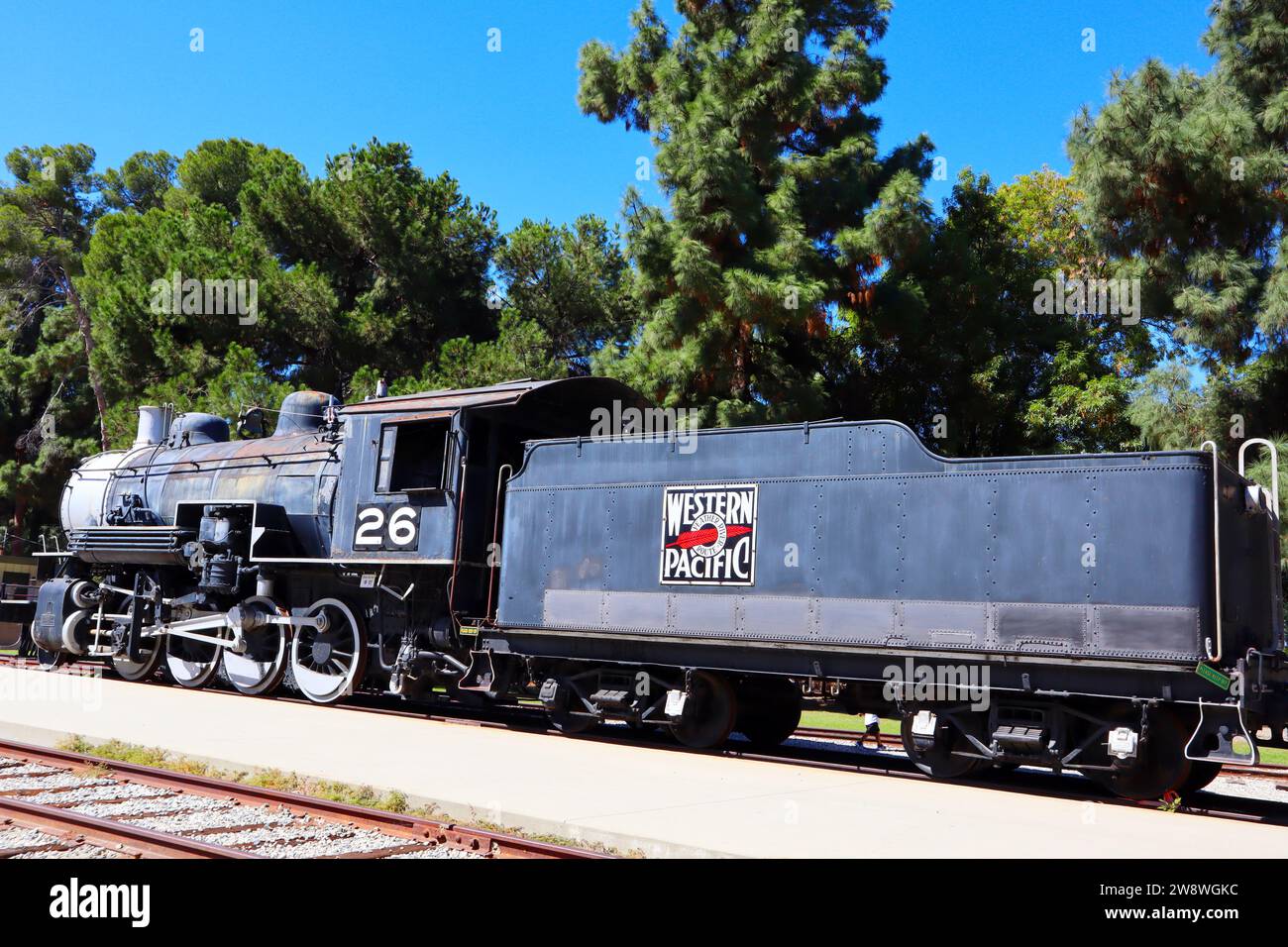 Los Angeles, California: WESTERN Pacific Locomotive al TRAVEL TOWN MUSEUM, museo ferroviario situato al 5200 di Zoo Drive, Los Angeles Foto Stock