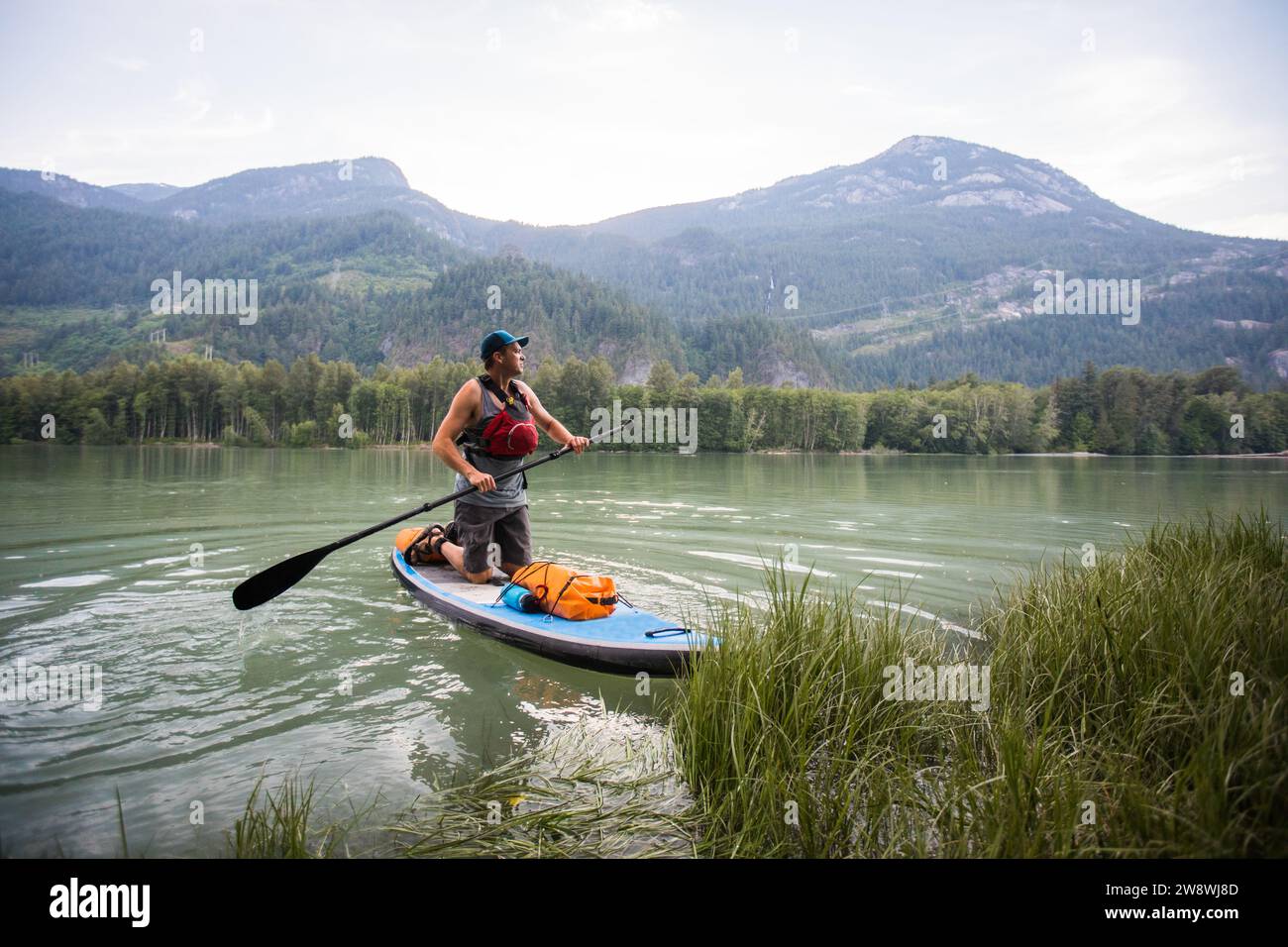 Paddleboarder si lancia dalla riva del fiume Squamish Foto Stock