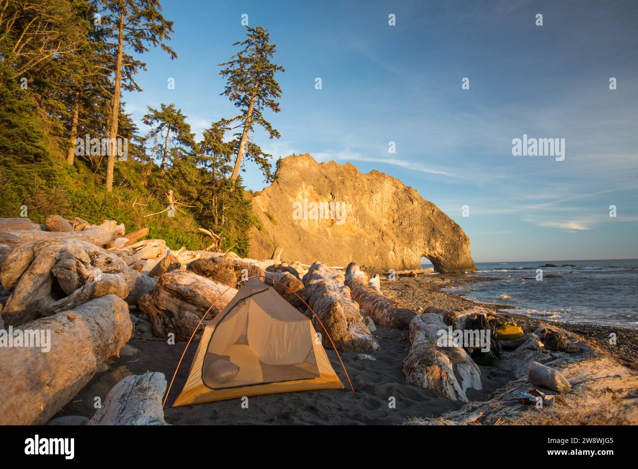 Tenda allestita sulla spiaggia vicino a Hole in the Wall, all'Olympic National Park Foto Stock