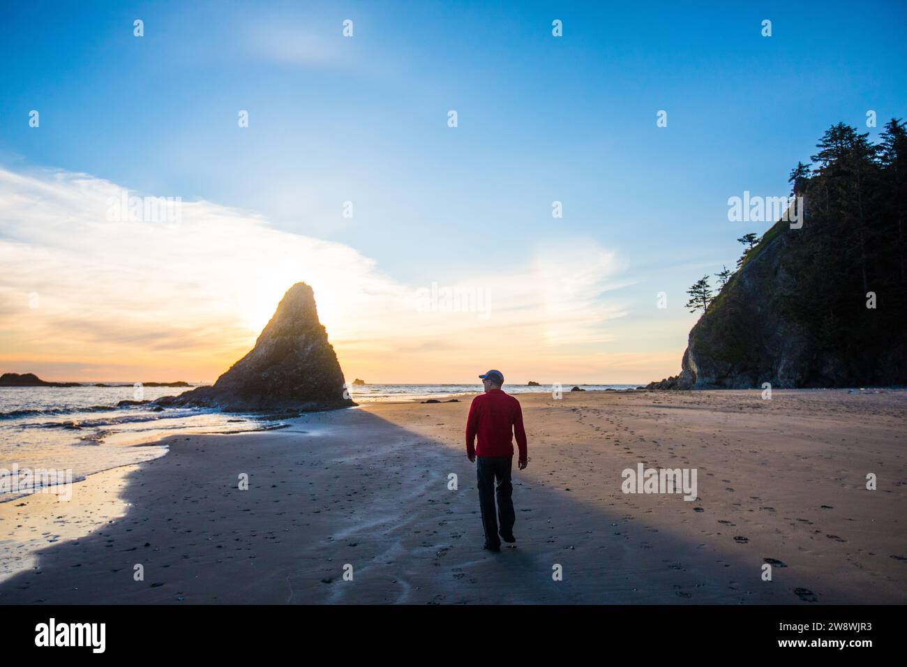 Vista posteriore dell'uomo che cammina sulla spiaggia di Cedar Creek, l'Olympic National Park Foto Stock