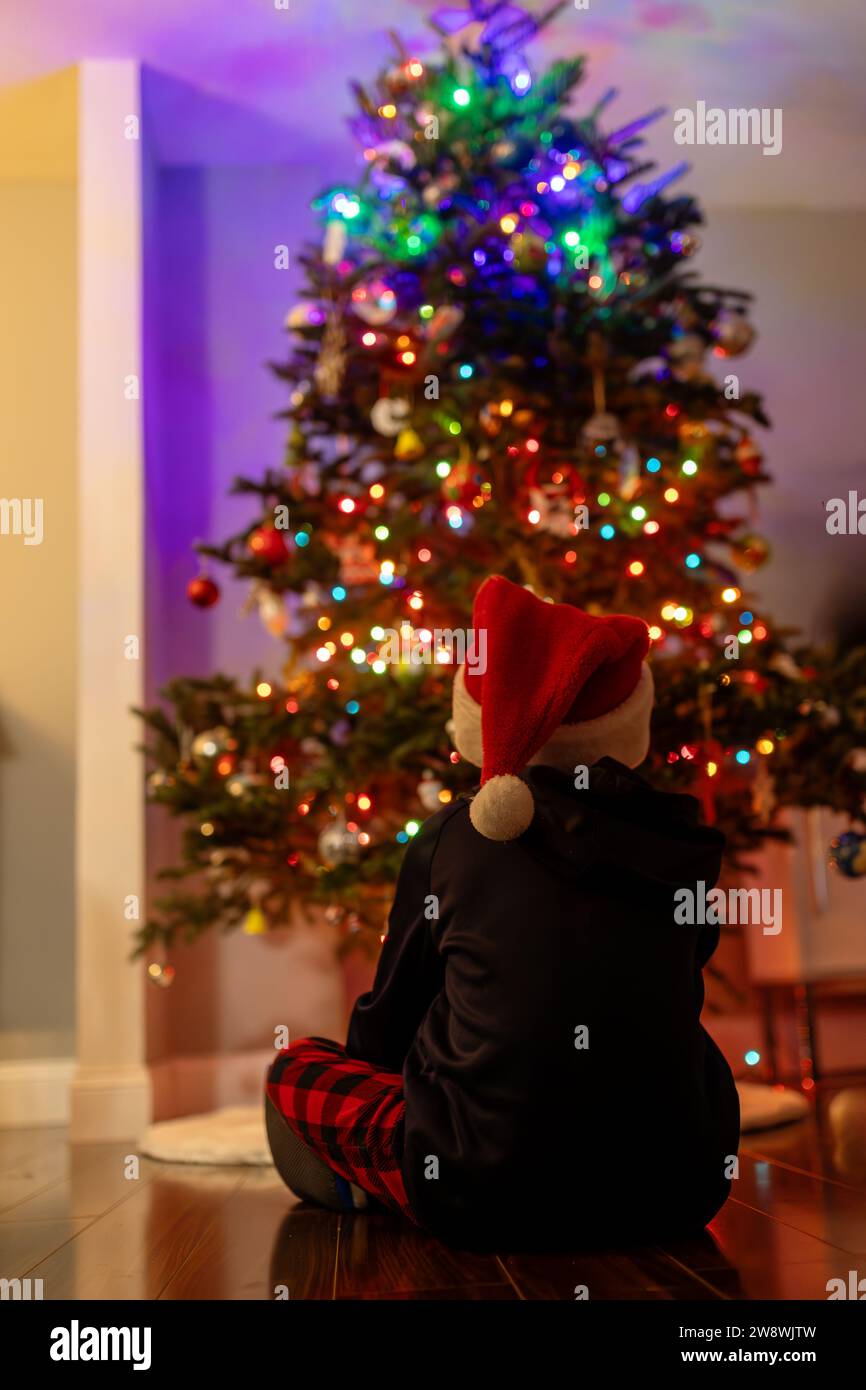 Bambino che guarda un albero di natale che indossa un cappello di Babbo Natale Foto Stock