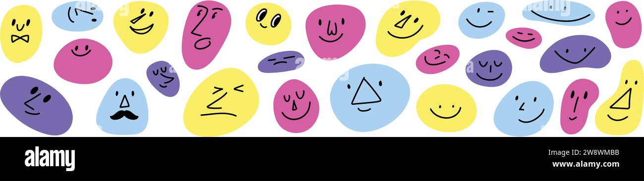 Icona faccia felice con sorriso, emoji allegri e adesivi avatar. I personaggi dei cartoni animati astratti in stile rétro. Illustrazione del vettore piatto Illustrazione Vettoriale