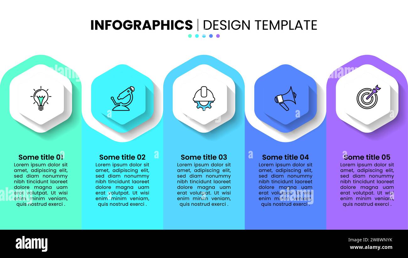 Modello infografico con icone e 5 opzioni o passaggi. Può essere utilizzato per il layout del flusso di lavoro, il diagramma, il banner, il webdesign. Illustrazione vettoriale Illustrazione Vettoriale