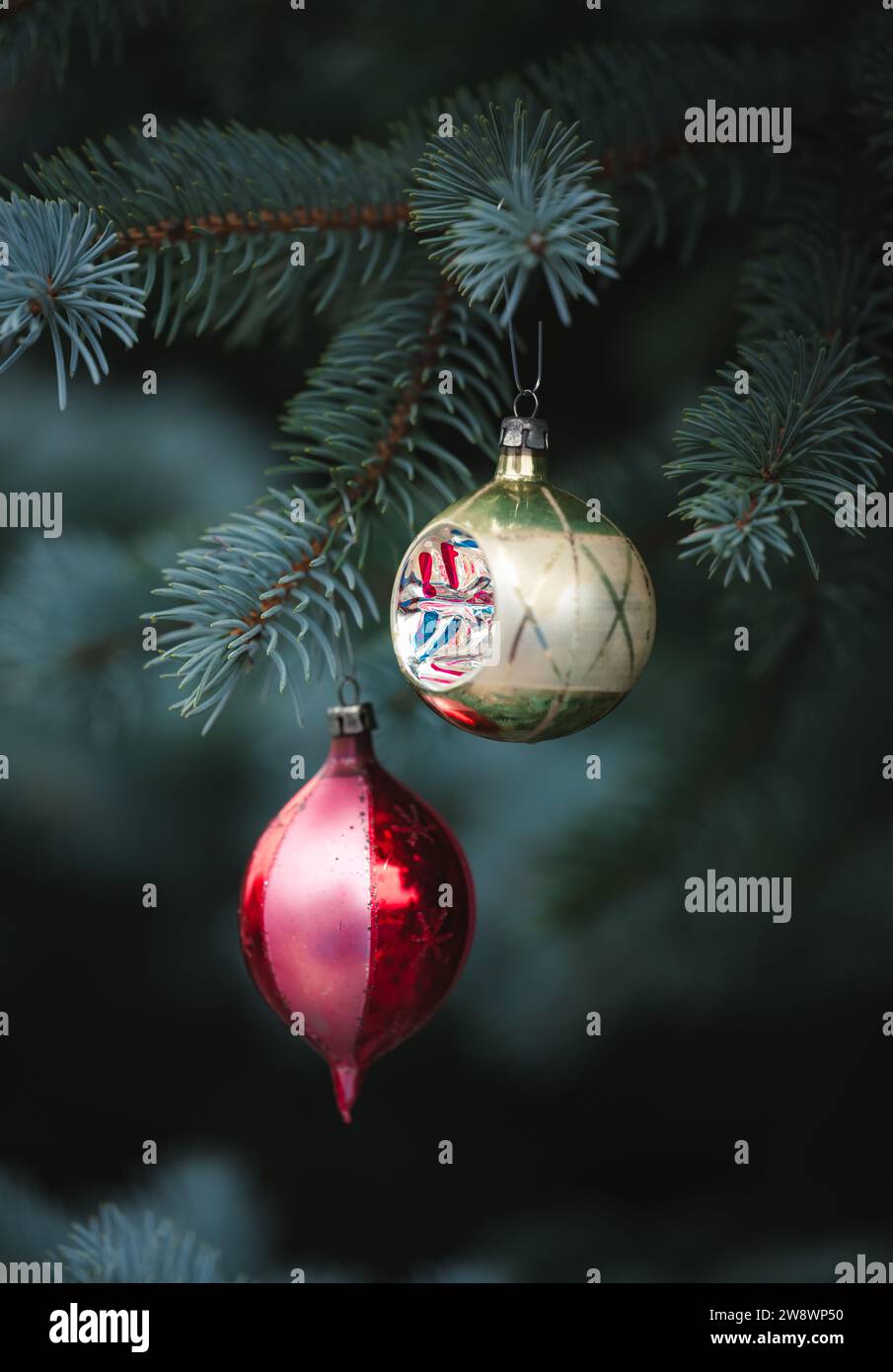 Ornamenti natalizi vintage appesi ai rami di abeti. Foto Stock