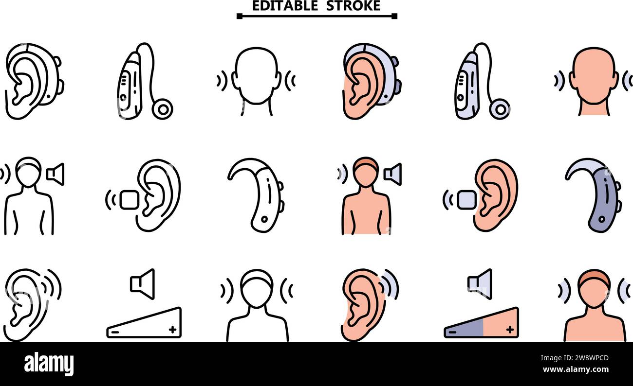 Set di icone a colori per apparecchi acustici. Tratto modificabile. Volume booster per orecchie, per sordi vecchi e giovani. Per un udito migliore, semplice raccolta di icone. Illustrazione Vettoriale