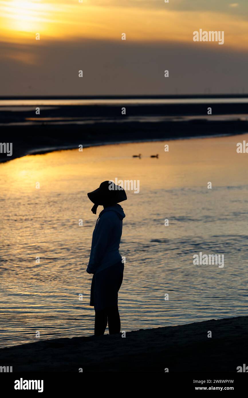 Silhouette di donna in piedi sulla spiaggia al tramonto sull'isola di Borkum, osservando due anatre che nuotano sull'acqua, bassa Sassonia, Germania Foto Stock