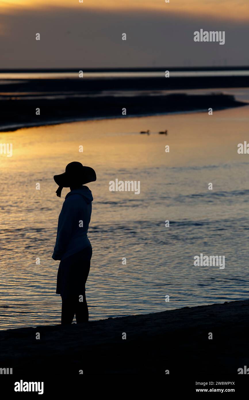 Silhouette di donna in piedi sulla spiaggia al tramonto sull'isola di Borkum, osservando due anatre che nuotano sull'acqua, bassa Sassonia, Germania Foto Stock