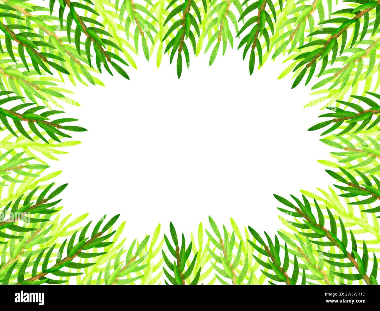 Bordo o cornice con spazio vuoto per il testo incorniciato da rami dell'albero di Natale su sfondo bianco. Decorazioni natalizie. Sfondo acquerello Foto Stock