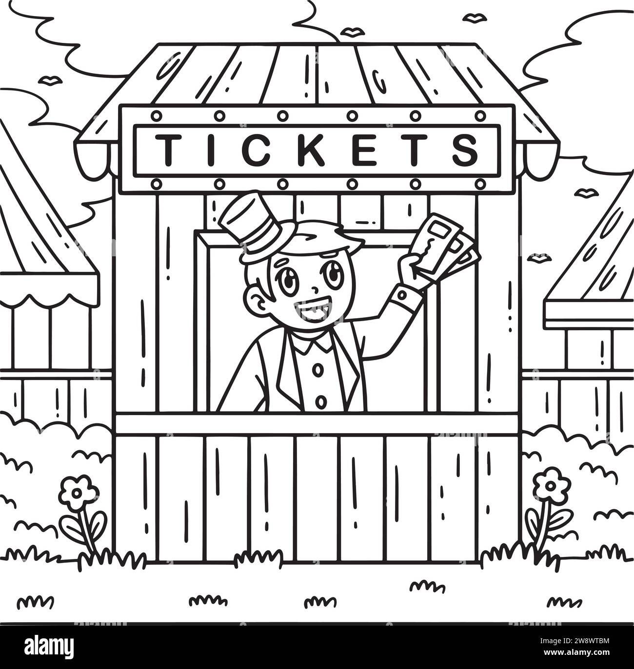 Pagina da colorare del venditore di circhi e biglietteria Illustrazione Vettoriale