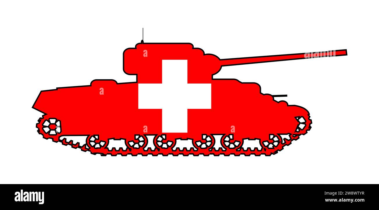 Una sagoma del tipico carro armato da battaglia svizzero che mostra le icone della bandiera svizzera e i colori isolati su uno sfondo bianco Foto Stock
