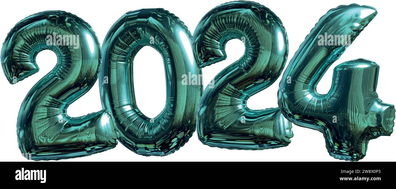 Palloncino verde blu lucido, color ottanio, numeri dell'anno 2024 isolati su sfondo trasparente. Illustrazione Vettoriale