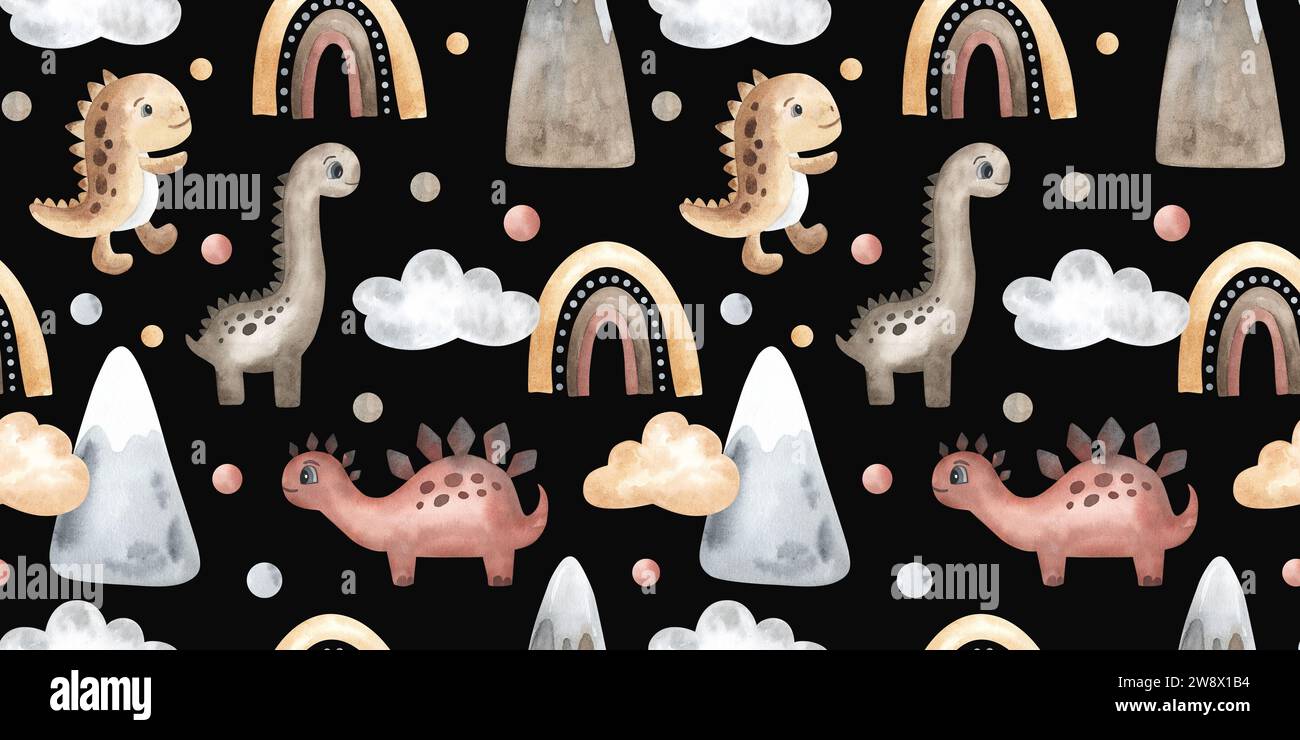 Dinosauri carini, mongolfiere, nuvole, arcobaleno. motivo acquerello senza cuciture, stile boho. Disegnato a mano. Tessuto, tessuto, carta da parati, design beige. Foto Stock