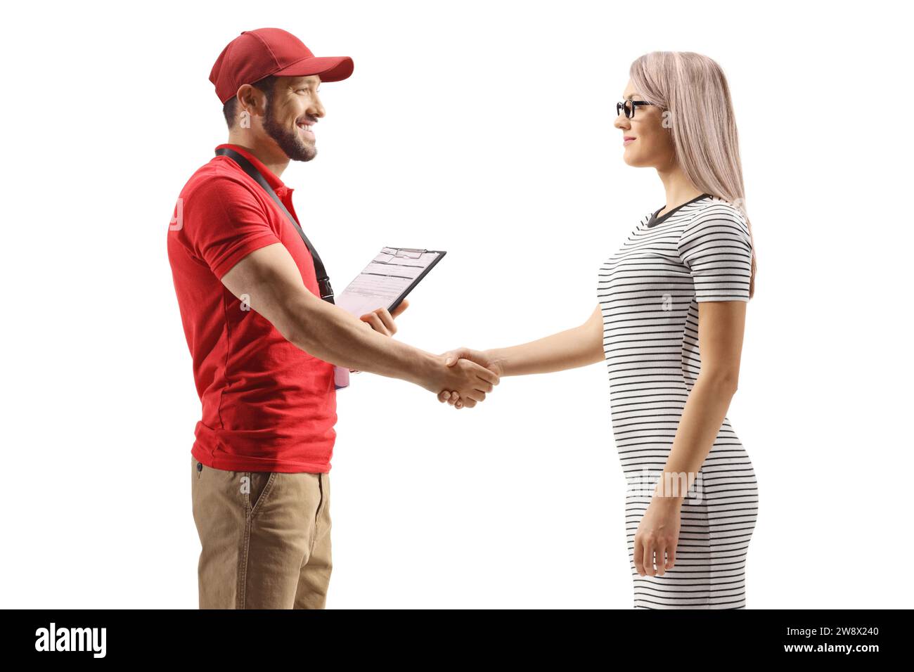 Uomo che stringe la mano con una giovane donna isolata su sfondo bianco Foto Stock