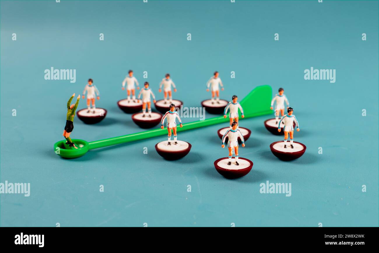 Divisa Away vintage del West Ham United degli anni '1980, squadra di calcio balilla Subbuteo Foto Stock