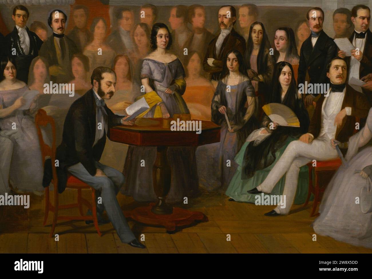 Antonio Maria Esquivel Suarez de Urbina (1806-1857). Pittore spagnolo. Ventura de la Vega che legge una commedia al Teatro del Príncipe, 1846. L'attrice Bárbara Lamadrid (1812-1893) in piedi dietro il tavolo. A destra dell'immagine, l'attore Julián Romea Yanguas (1818-1868). Accanto a lui l'attrice e cantante lirica Teodora Lamadrid (1820-1896) (con fan aperto); e accanto a lei l'attrice Antera Baus (1787 documentata fino al 1834). Olio su tela, 147 x 209,5 cm. Dettagli. Museo del Prado. Madrid. Spagna. Foto Stock