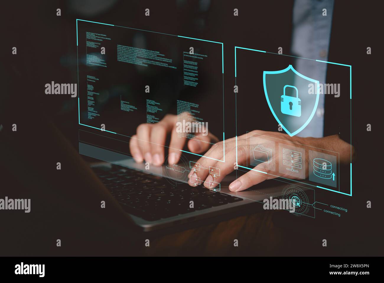 Concetto di sicurezza informatica protezione dei dati e accesso a Internet protetto, hacker di informazioni web tecnologia di rete online sicurezza accesso utente e password. Foto Stock
