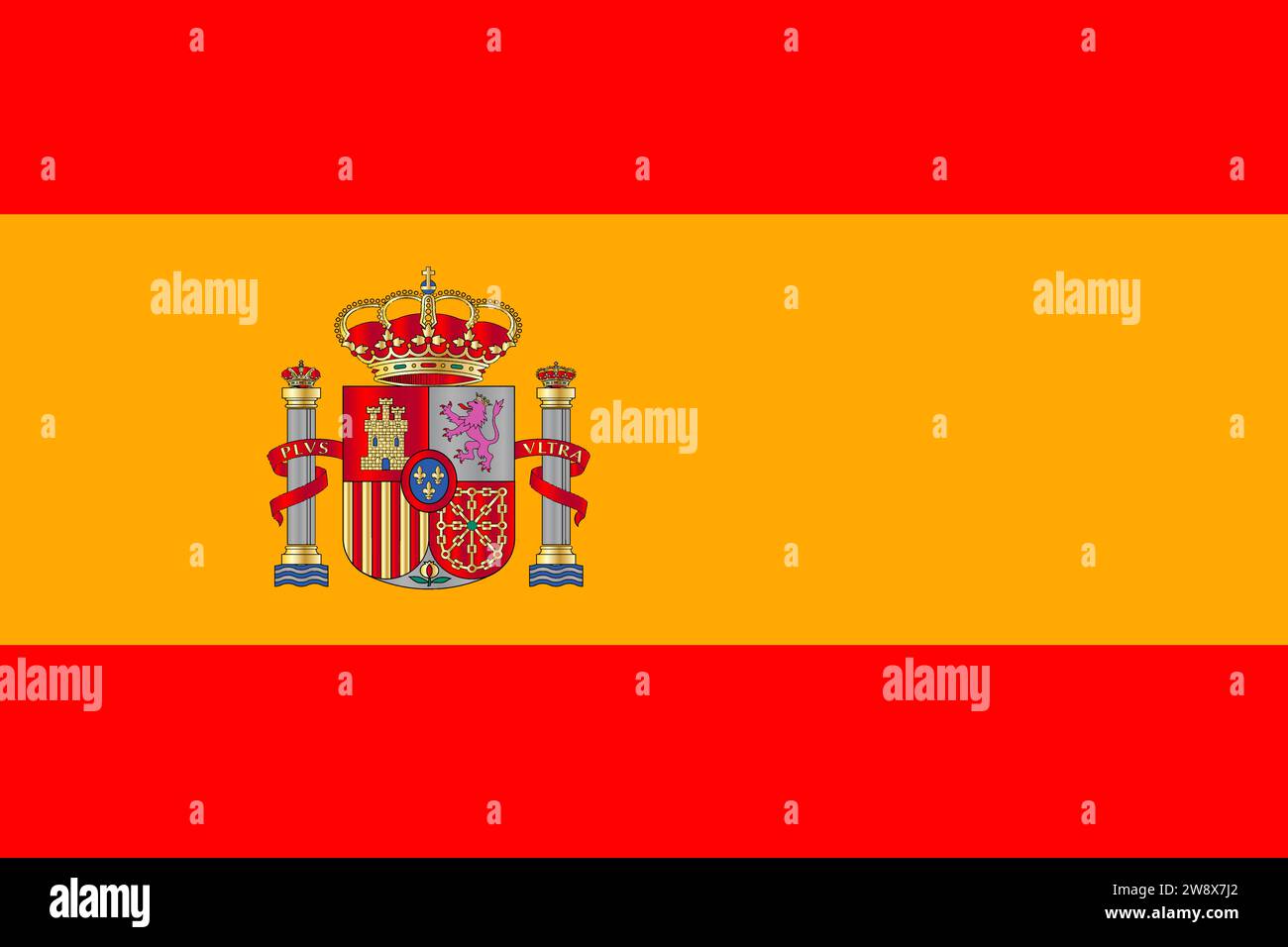La bandiera della spagna con icone sopra strisce rosse e gialle Foto Stock