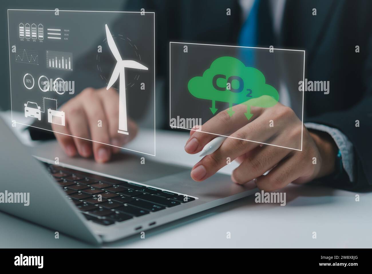 riduzione energia gas carbonio co2 innovazione rinnovabile neutro a effetto serra e concetto zero business netto Foto Stock