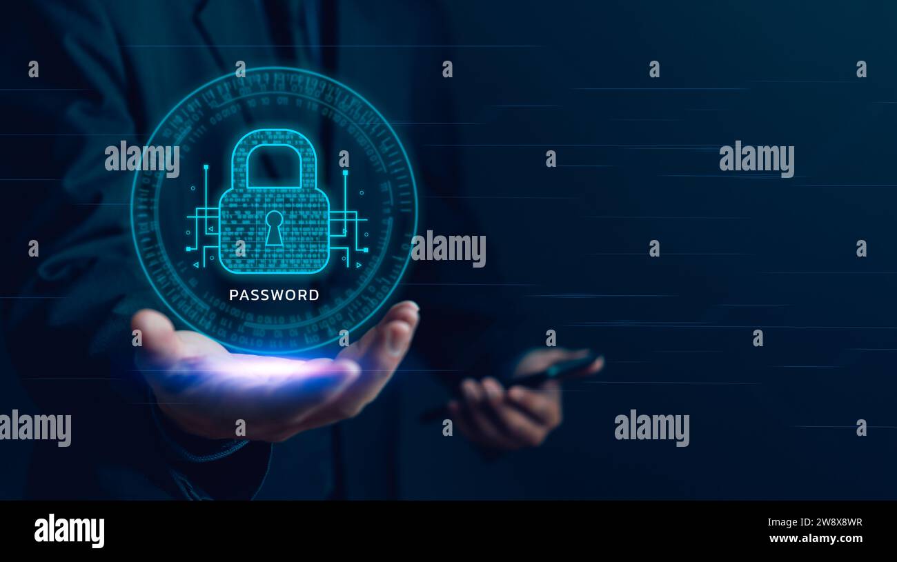 La sicurezza informatica protegge le informazioni digitali, i sistemi informatici e le reti, la privacy dei dati, le password sicure, e cifratura per proteggere e garantire il primato Foto Stock
