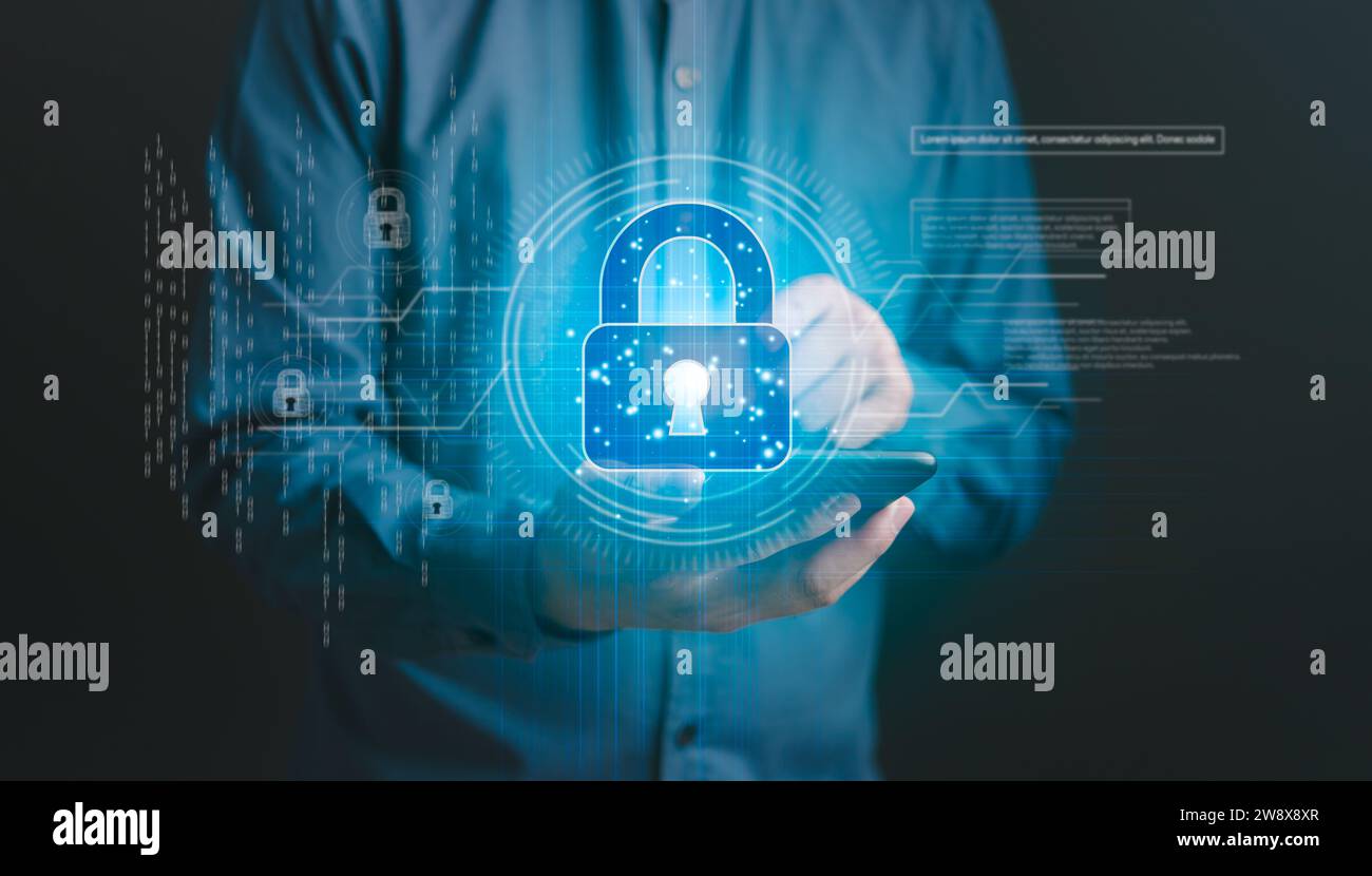 La sicurezza informatica protegge le informazioni digitali, i sistemi informatici e le reti, la privacy dei dati, le password sicure, e cifratura per proteggere e garantire il primato Foto Stock