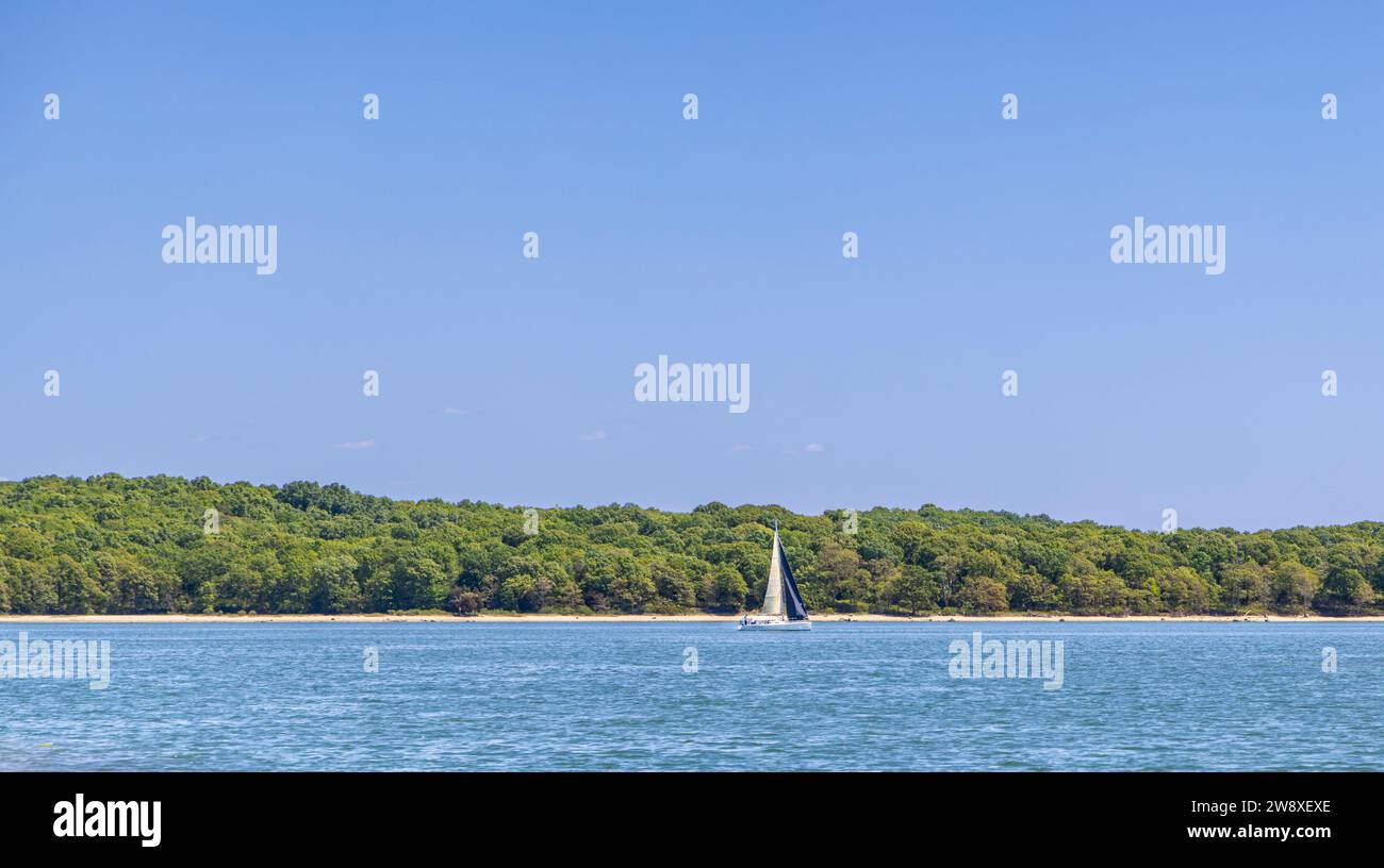 Barca a vela, Gale Force sotto vela al largo dell'isola riparata, ny Foto Stock