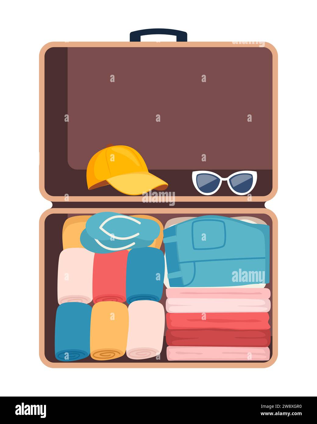 Valigia con abiti confezionati per viaggiare in vista dall'alto. Abbigliamento, calzature e accessori. Oggetti personali in valigia, in vacanza, in viaggio o Illustrazione Vettoriale