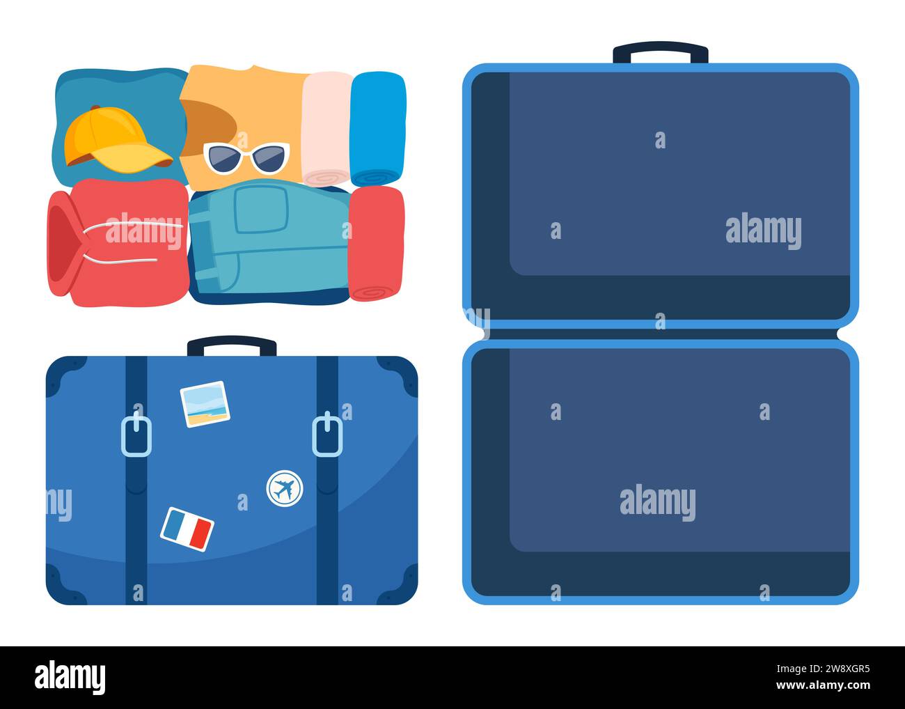 Valigia, aperta e chiusa, pronta per il confezionamento. Vista frontale e superiore. Prepararsi per il viaggio. Vestiti confezionati per viaggiare. Abbigliamento, calzature e accessori Illustrazione Vettoriale