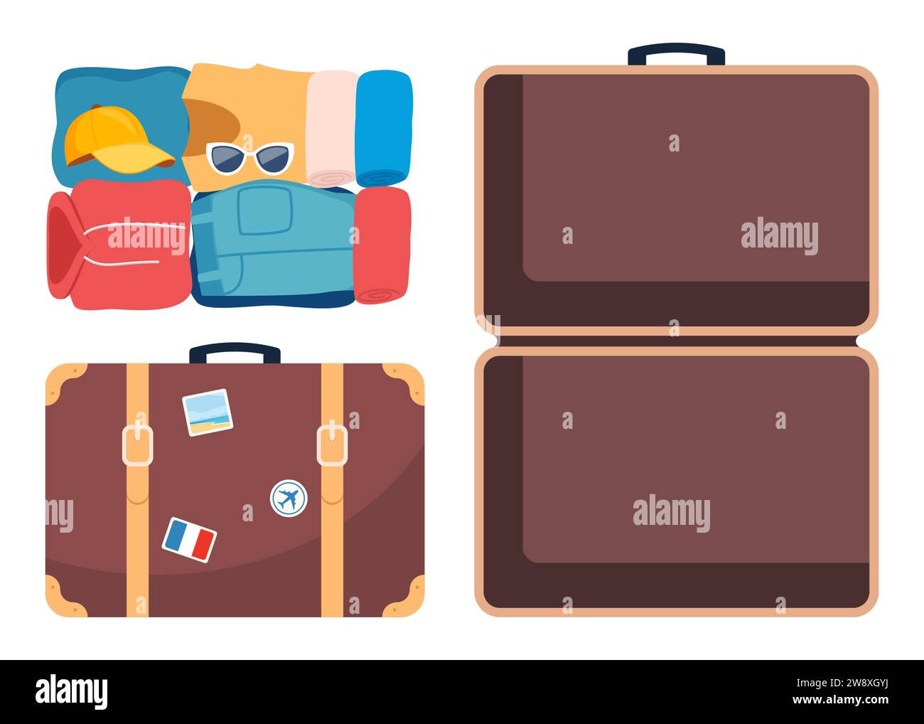 Valigia, aperta e chiusa, pronta per il confezionamento. Vista frontale e superiore. Prepararsi per il viaggio. Vestiti confezionati per viaggiare. Abbigliamento, calzature e accessori Illustrazione Vettoriale