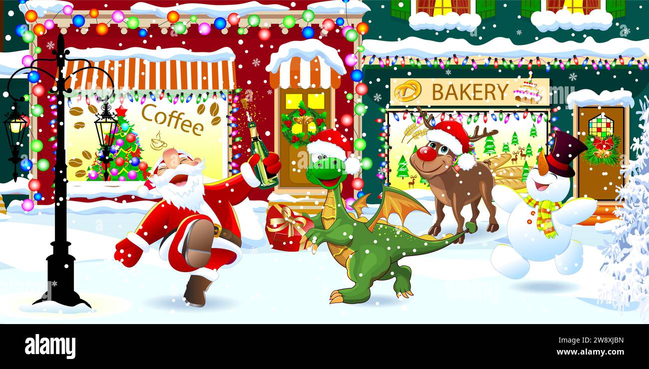 Buon Babbo Natale, drago, cervi e pupazzo di neve in una strada innevata che celebra il Natale. Illustrazione Vettoriale