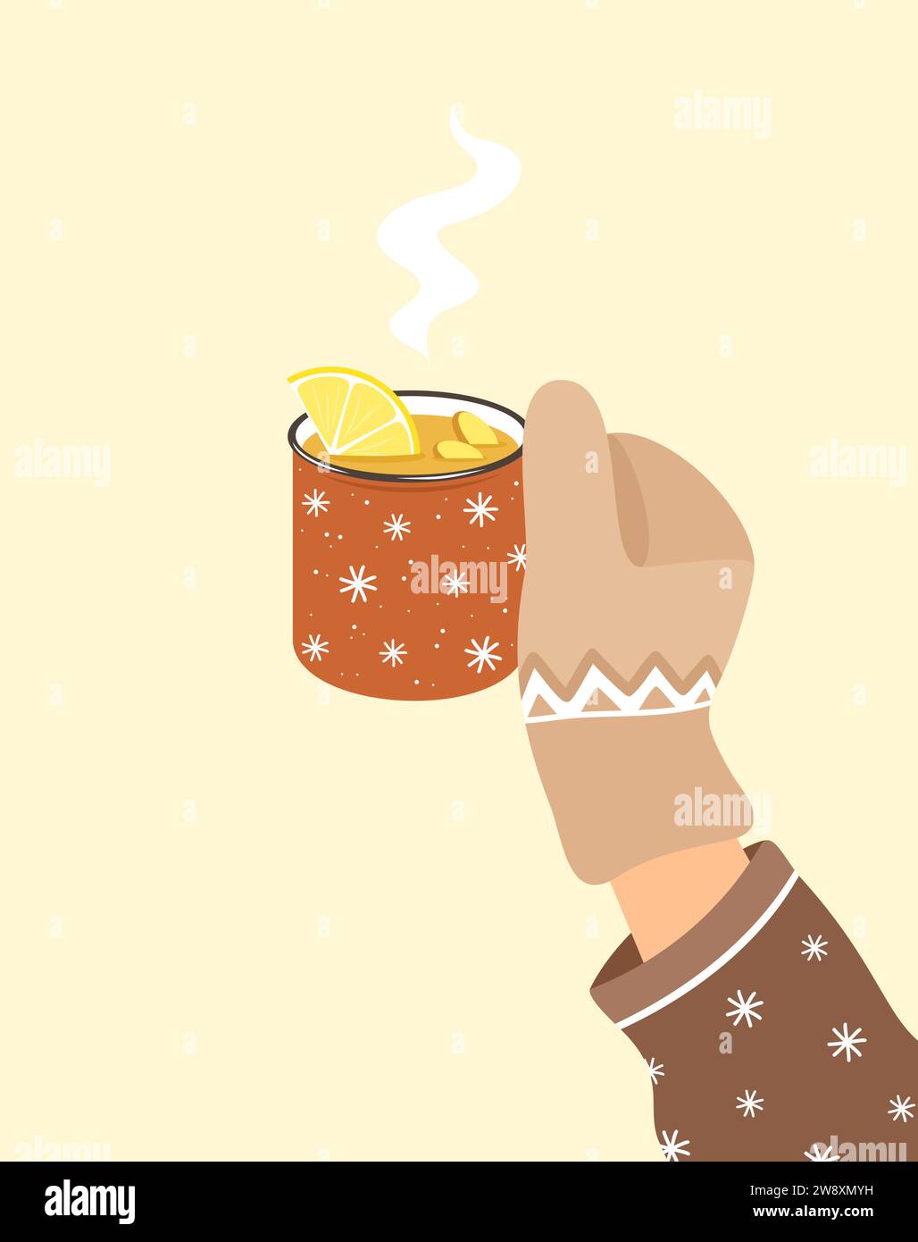 Mettere il guanto tenendo una tazza di tè caldo con limone e zenzero. Bevanda invernale calda. Illustrazione del vettore piatto Illustrazione Vettoriale